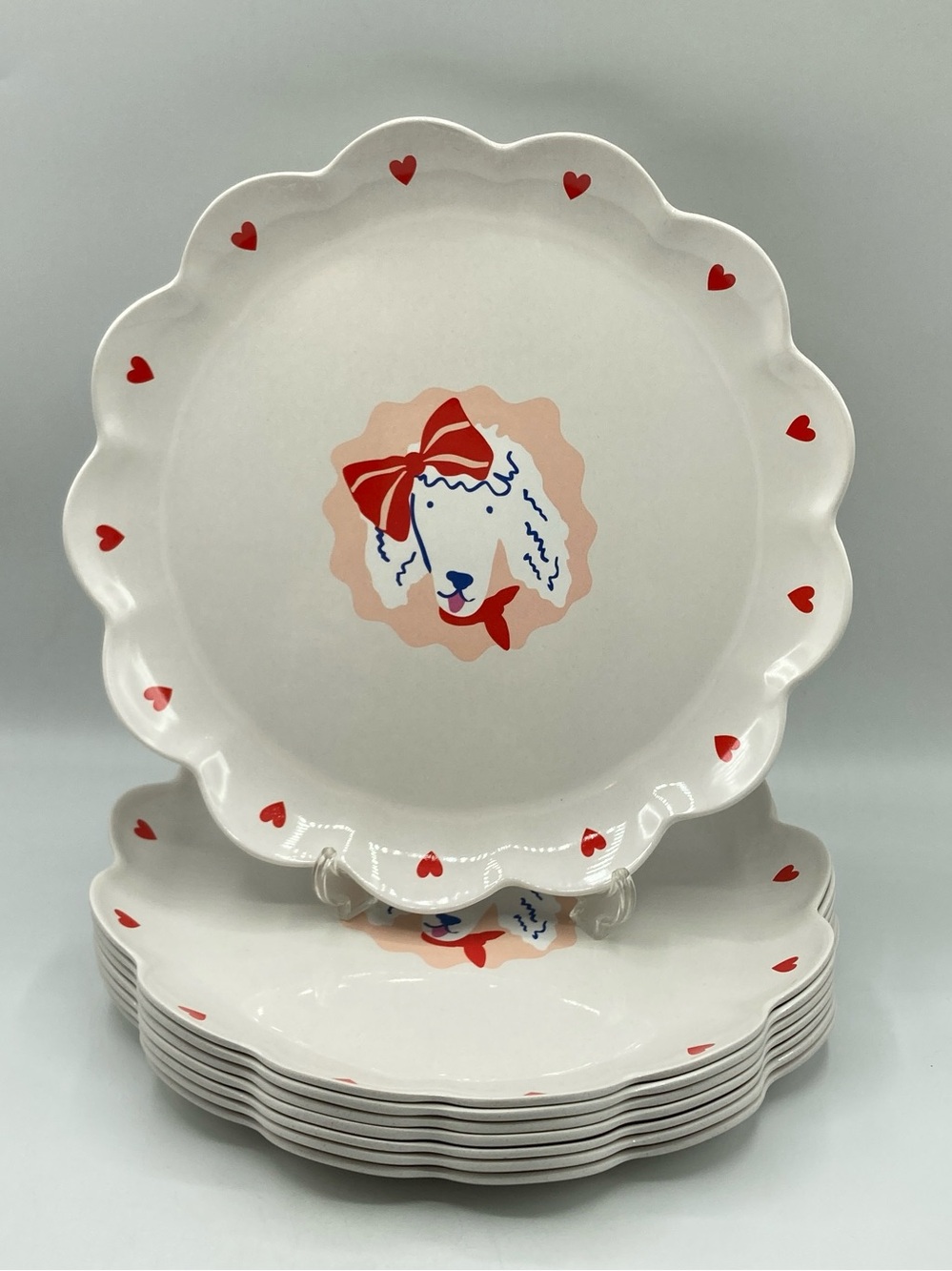 8 Set Target Pillowfort 10.5” Scalloped Melamine Dinner Plates Poodle Dog Hearts